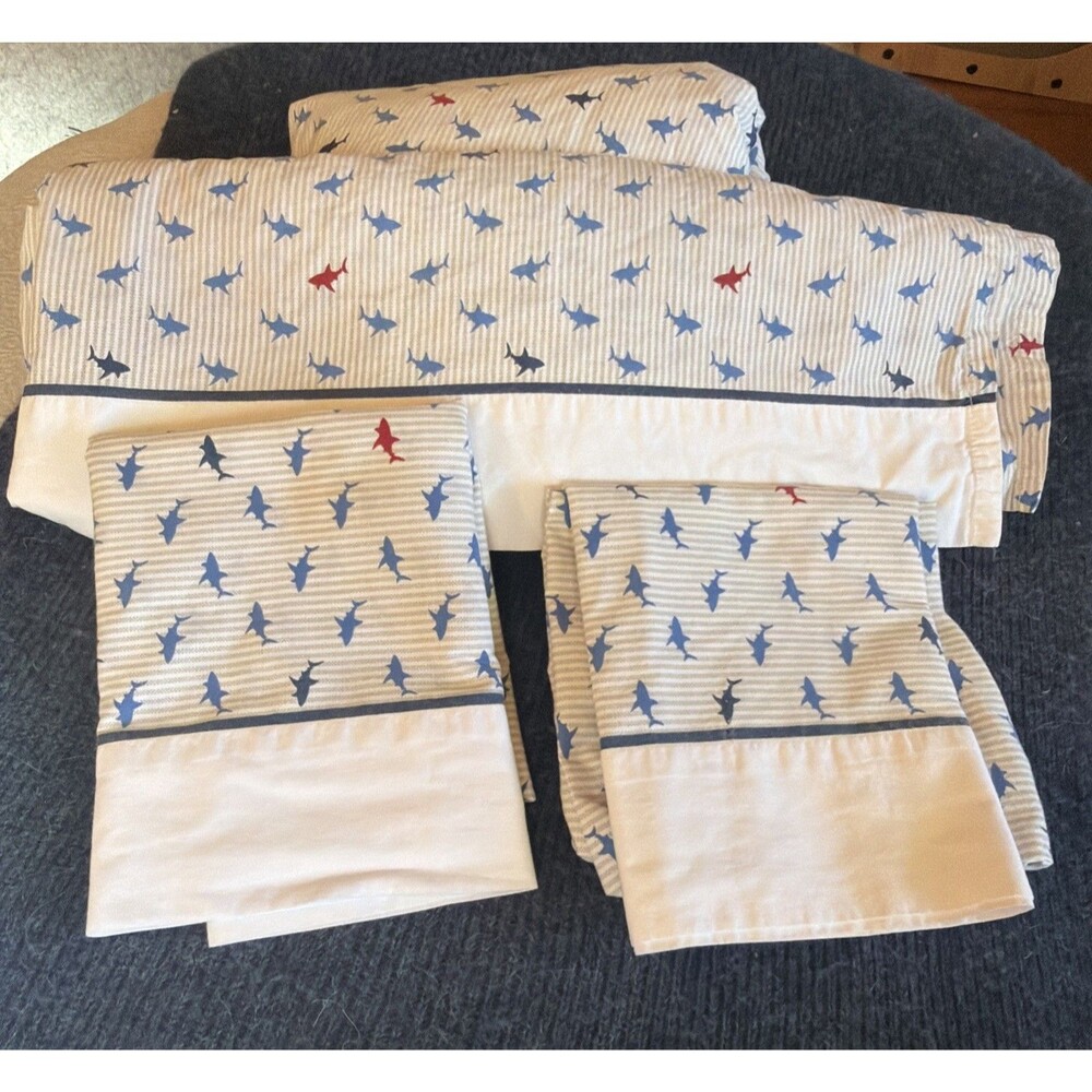TOMMY HILFIGER SHARK ATTACK SHARKS BLUE RED Full Set Flat/Fitted 2 Pillowcases